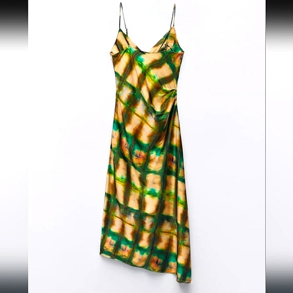ZARA SATIN COWL NECK GREEN & GOLD SLIP MIDI DRESS SIZE SMALL - Picture 5 of 15